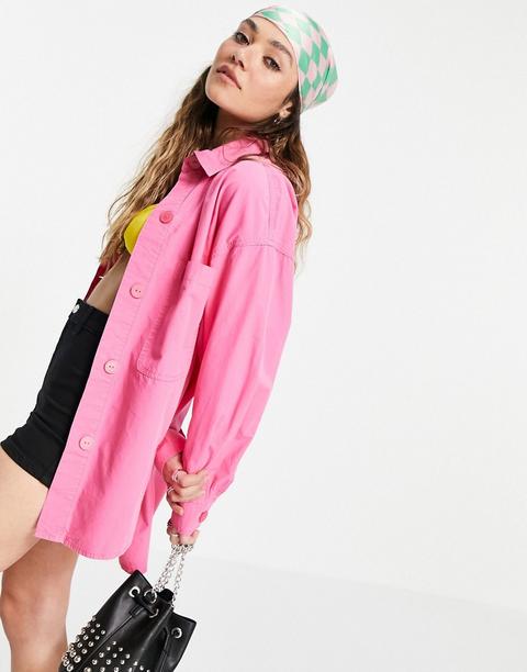 Bershka - Chemise Oversize En Popeline - Rose