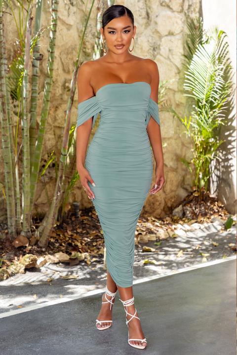 Lost For Words | Sage Bardot Ruched Draped Midi Dress