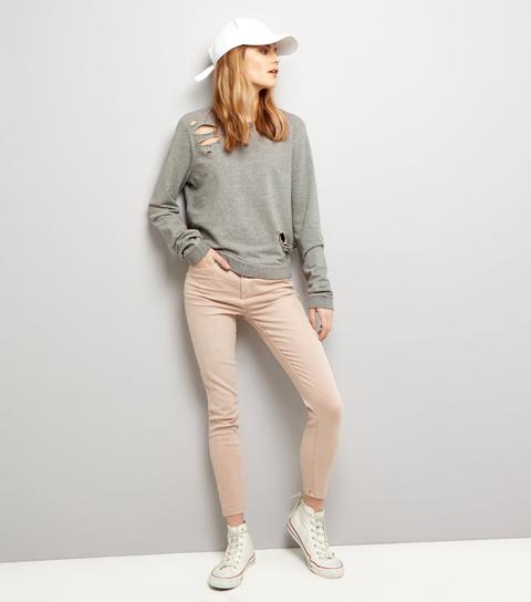 Noisy May Pale Grey Ripped Cropped Jumper