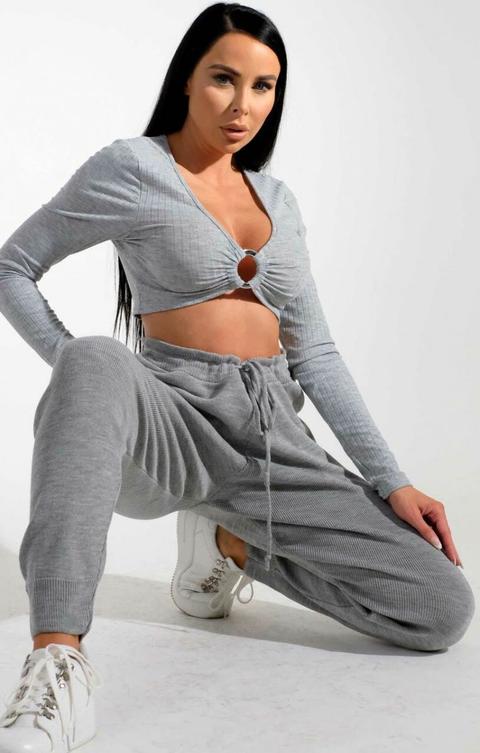 Grey High Waisted Cuffed Knitted Joggers - Saige