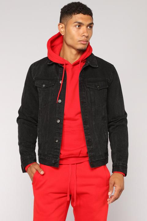 jean jacket with red hoodie