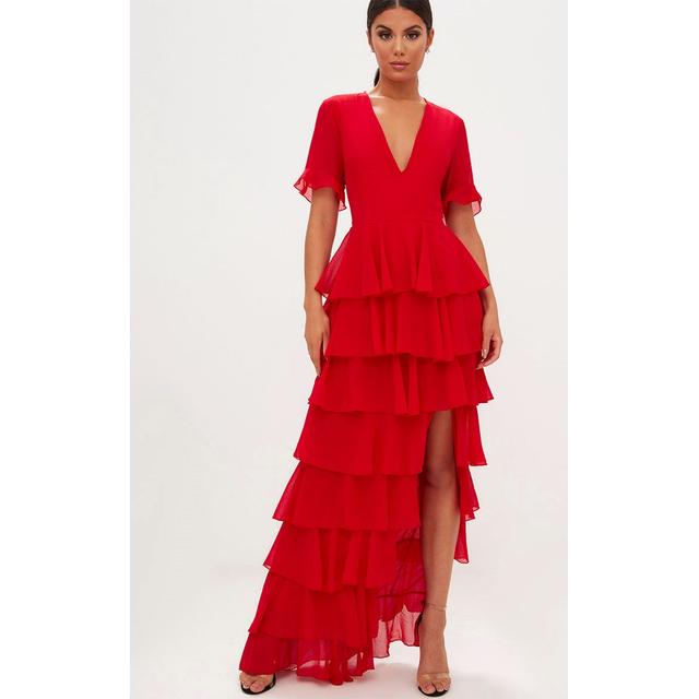 red chiffon ruffle layer maxi dress