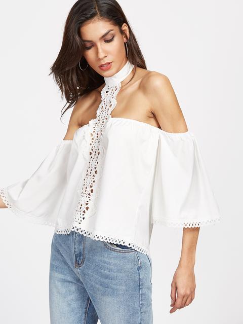 Top Con Gargantilla De Hombros Al Aire De Croché Insertado Blanco