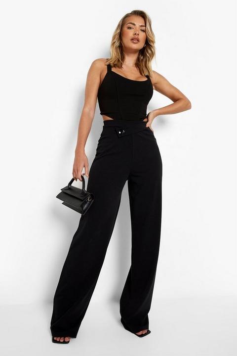 Womens Asymmetric Button Waistband Wide Leg Trousers - Black - 6, Black