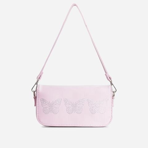 Flutter Diamante Butterfly Detail Shoulder Bag In Pink Satin,, Pink