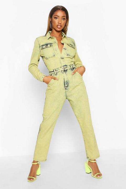 Womens Lime Acid Wash Boilersuit - Green - 6, Green