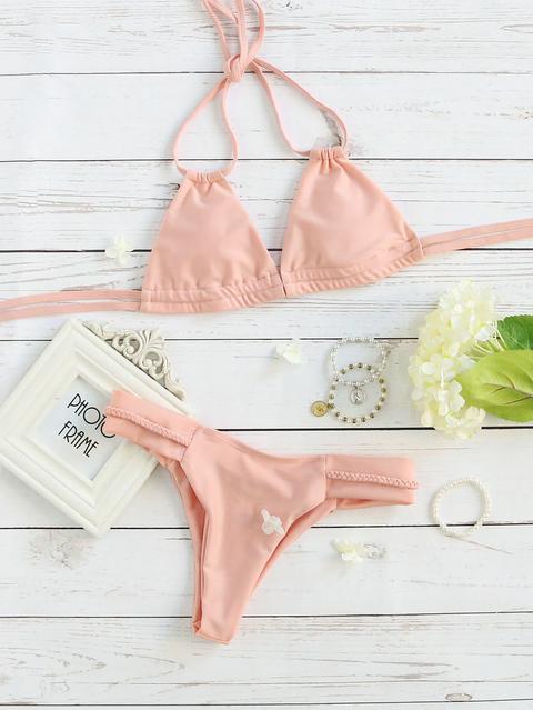 Pink Braided Detail Halter Bikini Set