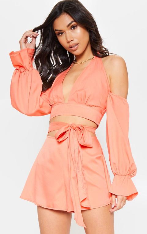 Peach Halterneck Puff Sleeve Shirt