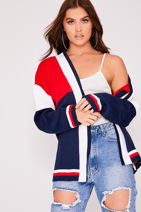 Navy Cardigans - Marieta Navy And Red Colourblock Longline Cardigan