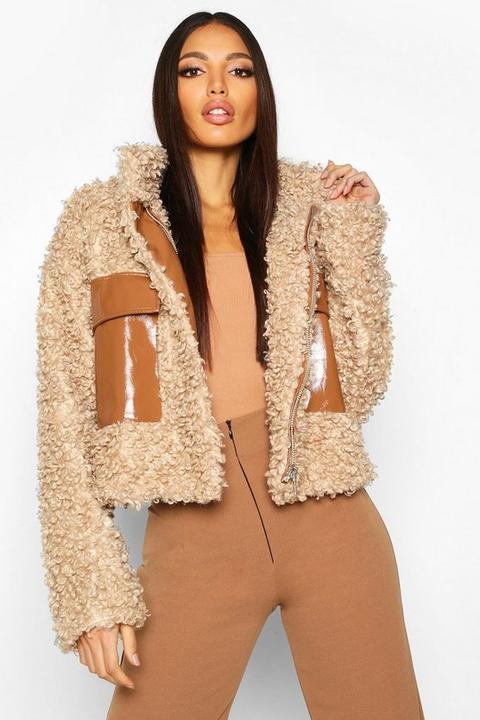 Womens Premium Teddy Cropped Faux Fur Jacket - Brown - 14, Brown