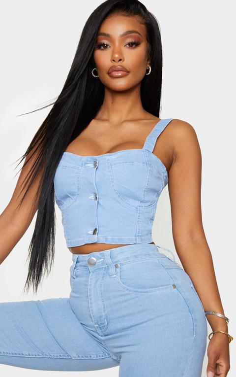 Shape Light Blue Wash Denim Cup Detail Button Crop Top