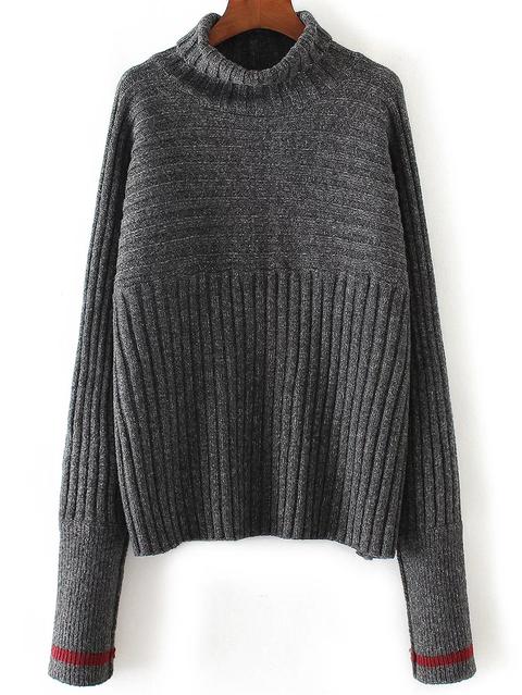 Dark Grey Turtleneck Contrast Cuff Ribbed Sweater from Romwe on 21 Buttons