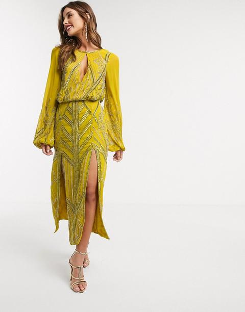 Vestido Midi Estilo Blusón Con Adornos Lineales Eivissa De Asos Design-amarillo