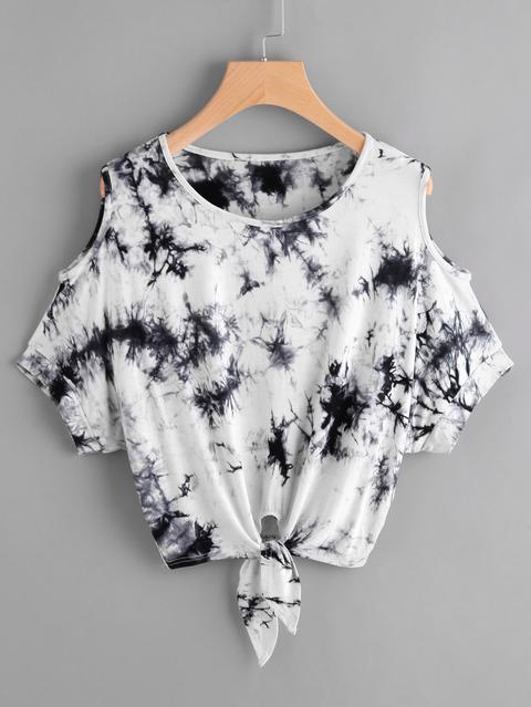 Tie Dye Open Shoulder Knotted Hem Tee