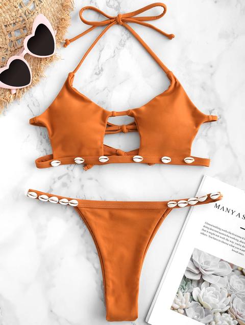 Bikini Con Halter Decorato Con Conchiglia Di Zaful Sandy Brown