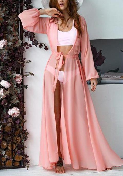 Maxi Vestito Gonne Drappeggiate Lanterne Fluide Covery Up Bikini Grembiule Bohemien Chiffona Rosa