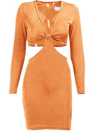Deep V Slinky Long Sleeve Side Cut Out Back Tie Mini Dress Orange