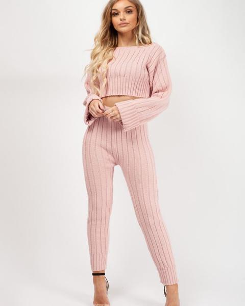 Kalianna Ribbed Knitted Crop Top & Bottom Loungewear In Rose