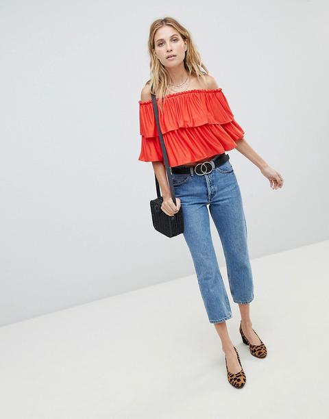 Asos Design - Top Corto Con Volant Sinuoso E Scollo Alla Bardot - Arancione