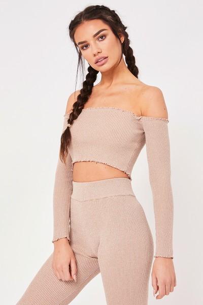 Yona Gold Sparkle Ribbed Bardot Crop Top