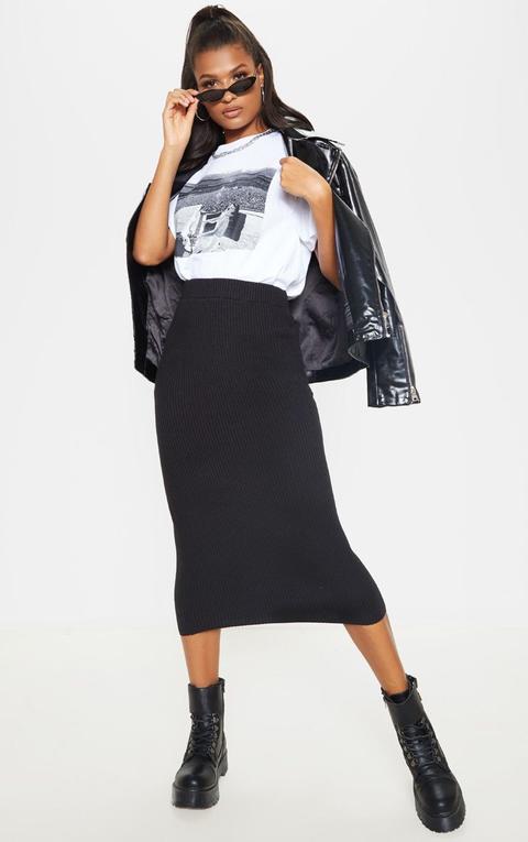 Black Rib Knitted Midi Skirt