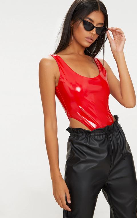 Red Vinyl High Leg Thong Bodysuit, Red