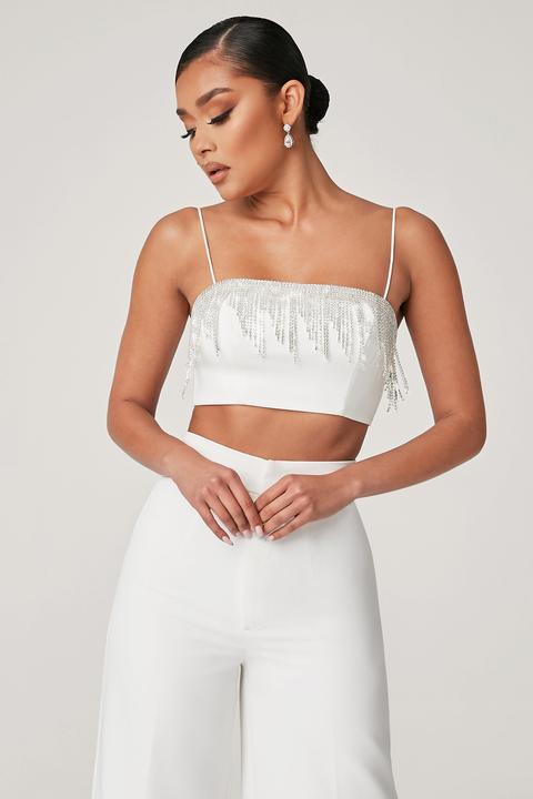 white fringe crop top