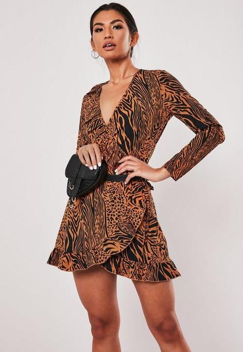 Petite Orange Animal Print Wrap Frill Mini Dress, Orange