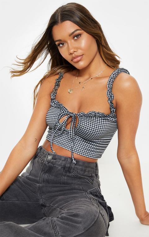 Black Gingham Printed Frill Strap Cut Out Bralet