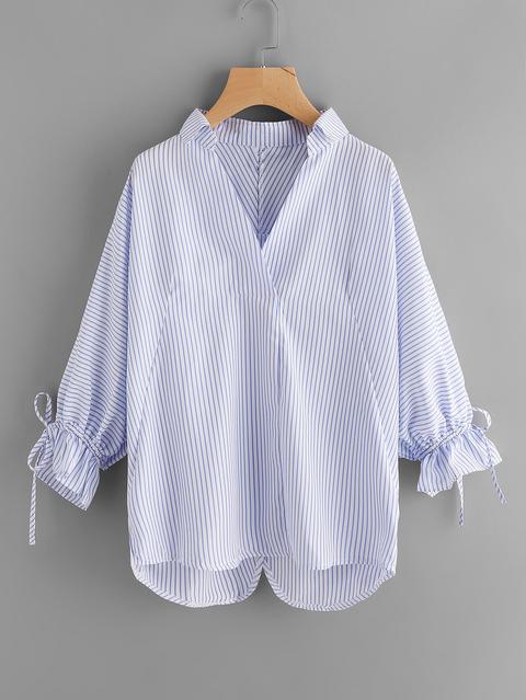 Striped Drawstring Cuff Blouse