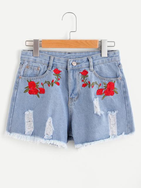 Shorts Roto De Borde Crudo Bordado De Flor