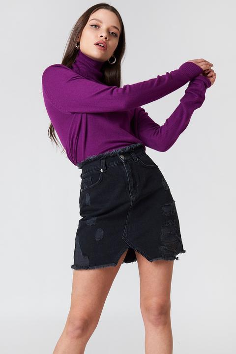 Na-kd Ripped Front Slit Denim Skirt - Black