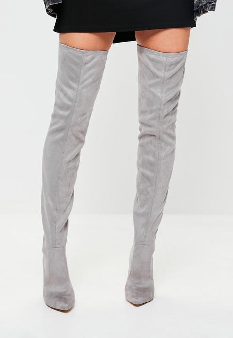 Grey Pointed Over The Knee Boots, Grey