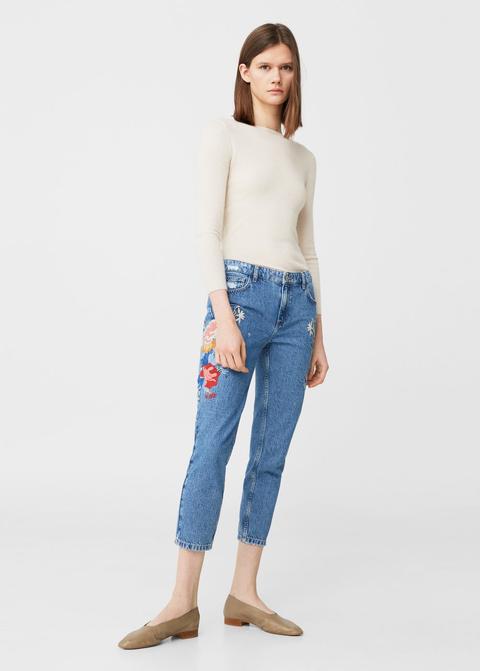 Jeans Straight Crop Bordados