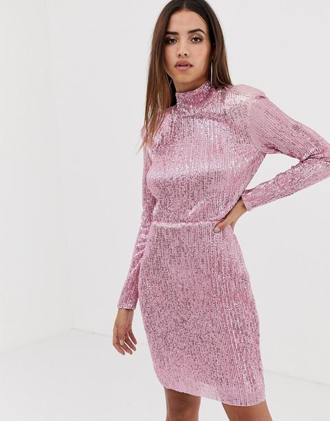 Vestido Largo De Lentejuelas Con Cuello Alto Y Espalda Abierta De Club L-rosa