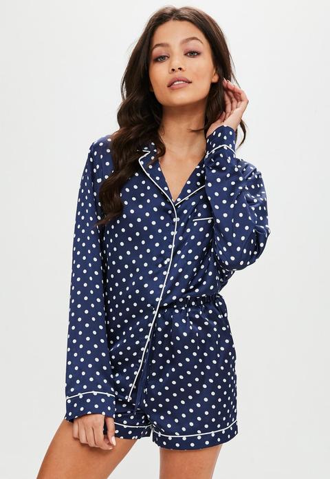 Navy Polka Dot Satin Shorts Pyjama Set, Blue