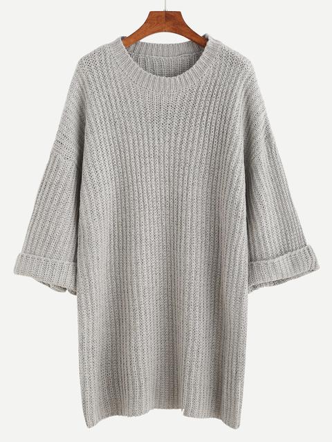 Grey Dropped Shoulder Seam Cuffed Sweater Dress