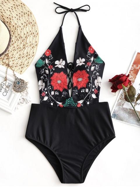 Frente De Celosía Floral Monokini De Talle Alto Black