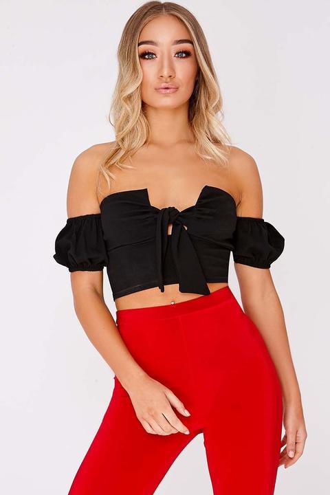 Black Tops - Hayven Black Bardot Tie Front Crop Top