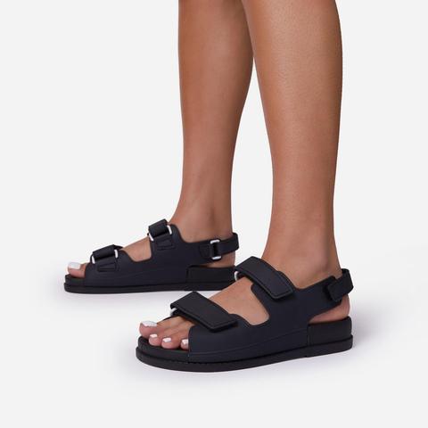 Brodi Double Strap Flat Dad Sandal In Black Rubber