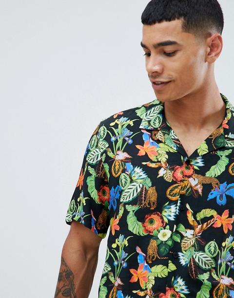 Asos Design - Camicia Vestibilità Classica Con Stampa Con Tigri E Fiori - Nero