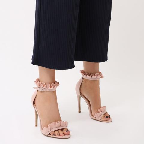 Lucid Frill Strap Barely There Heels In Pink Faux Suede