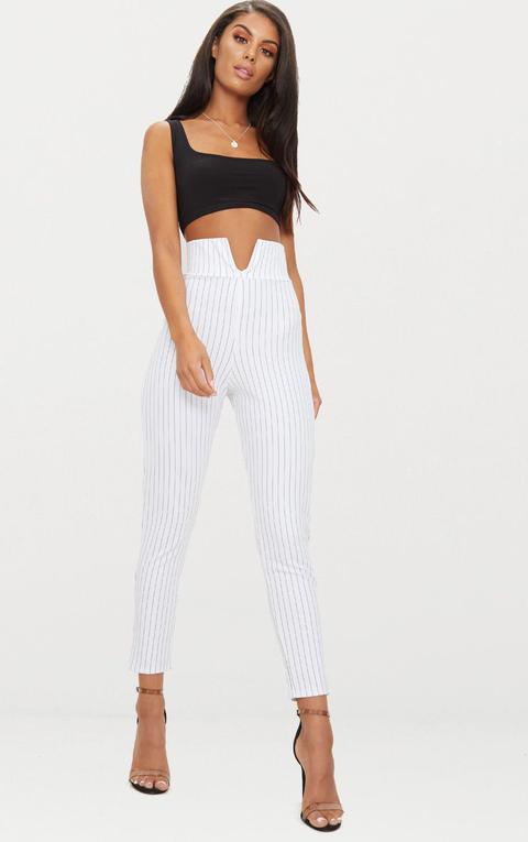 White Pinstripe Cut Out Waist Skinny Trousers, White