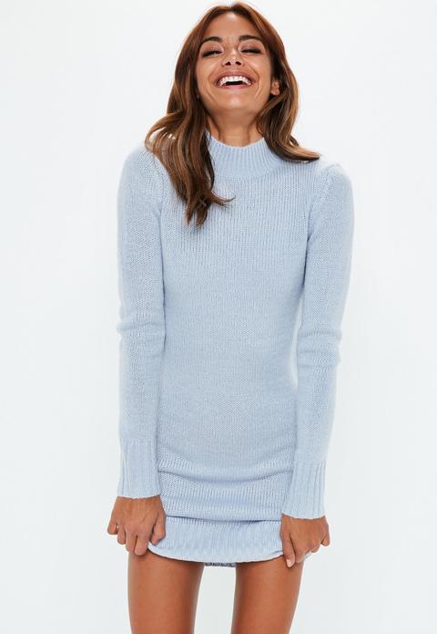 Tall Blue Fluffy High Neck Jumper Dress, Blue