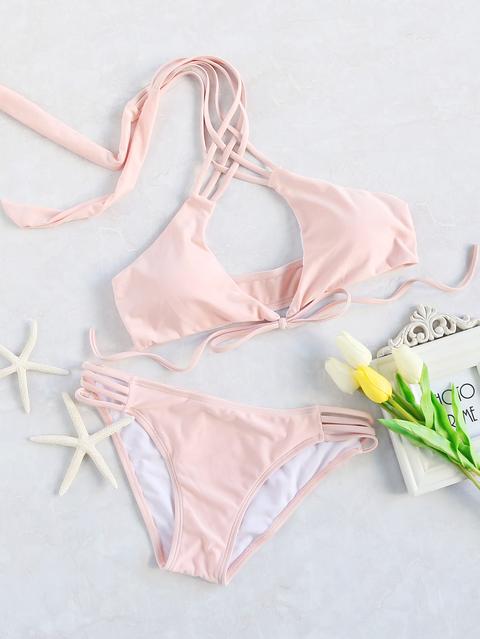 Pink Crisscross Halter Neck Tie Front Bikini Set