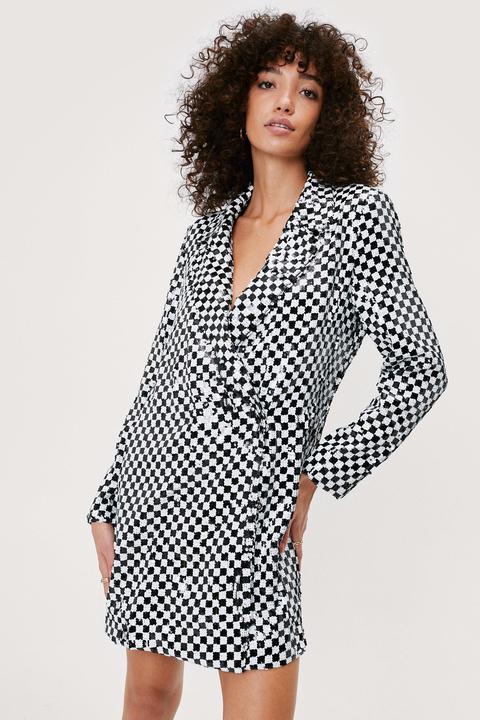 Womens Checkerboard Sequin Blazer Dress