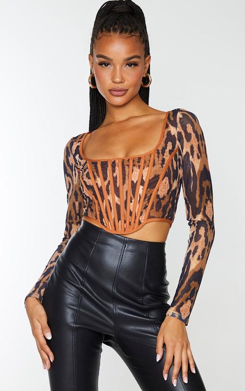 Tan Leopard Printed Mesh Binding Detail Long Sleeve Corset