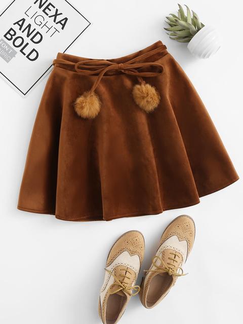 Elastic Waist Faux Fur Ball Belted Skirt