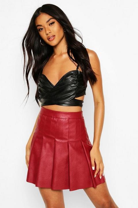 Womens Pleated Leather Look Mini Skirt - Red - 10, Red