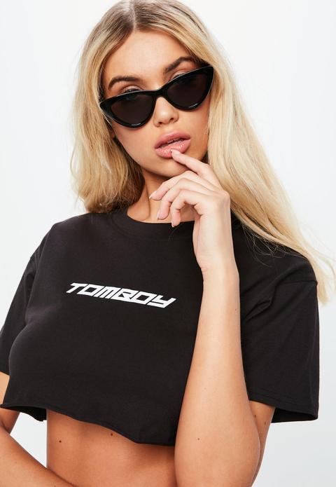 Fanny Lyckman X Missguided Black Tomboy Logo Crop Top, Black